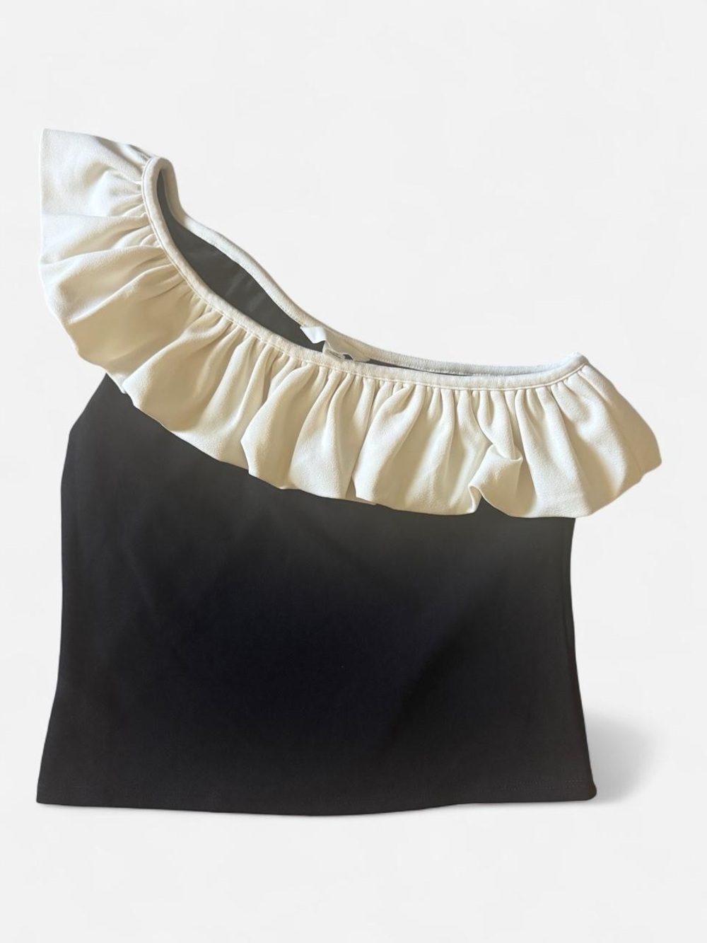 H&M One-Shoulder Ruffle Crop Top in Black and Cream